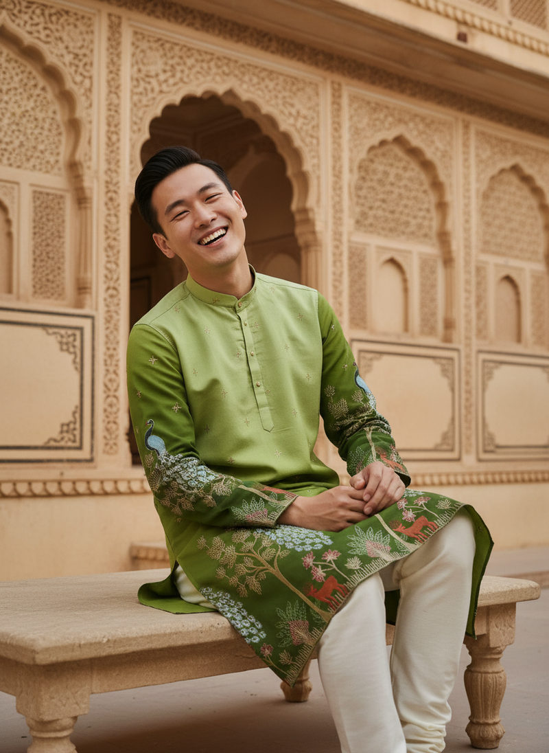Men's Art Silk Ombre Green Tree of Life Embroidered Kurta 8