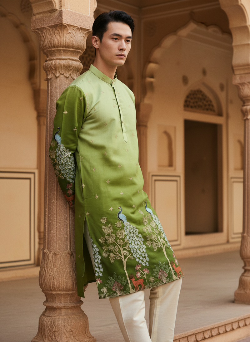Men's Art Silk Ombre Green Tree of Life Embroidered Kurta 9