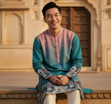 Men's Ombre Teal-Pink Kurta with Intricate Folk Art Embroidery 3