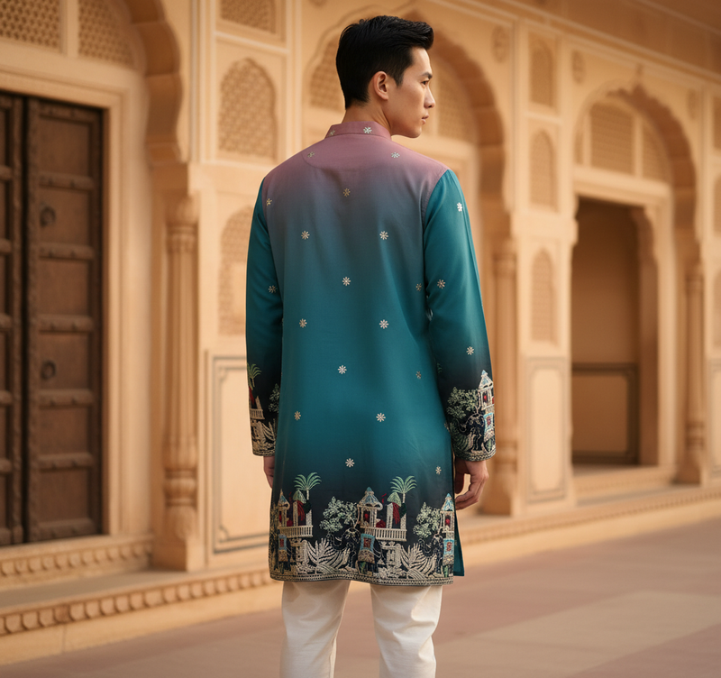 Men's Ombre Teal-Pink Kurta with Intricate Folk Art Embroidery 10