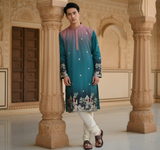 Men's Ombre Teal-Pink Kurta with Intricate Folk Art Embroidery 4