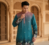 Men's Ombre Teal-Pink Kurta with Intricate Folk Art Embroidery 2