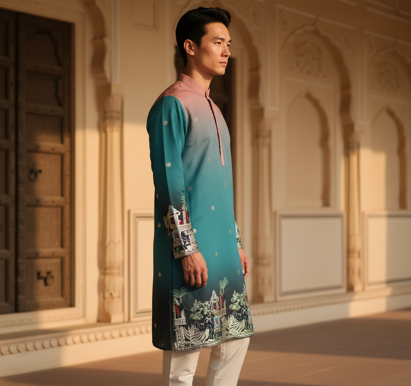Men's Ombre Teal-Pink Kurta with Intricate Folk Art Embroidery 5