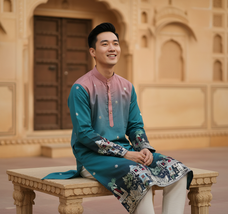 Men's Ombre Teal-Pink Kurta with Intricate Folk Art Embroidery 8