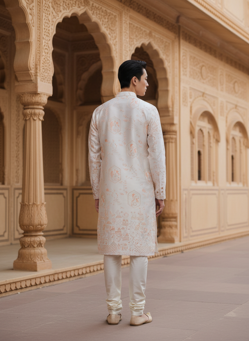 Men's Ivory Embroidered Art Silk Blend Festive Kurta 10