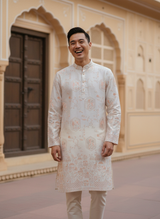 Men's Ivory Embroidered Art Silk Blend Festive Kurta 1