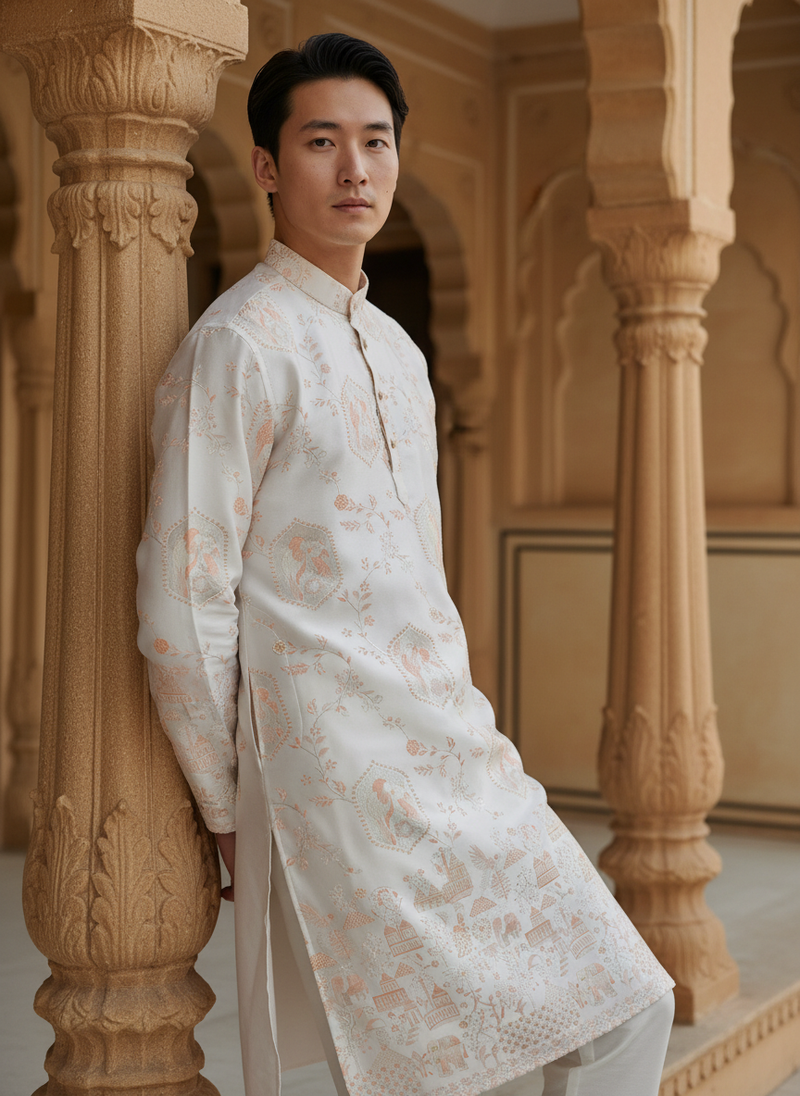 Men's Ivory Embroidered Art Silk Blend Festive Kurta 3