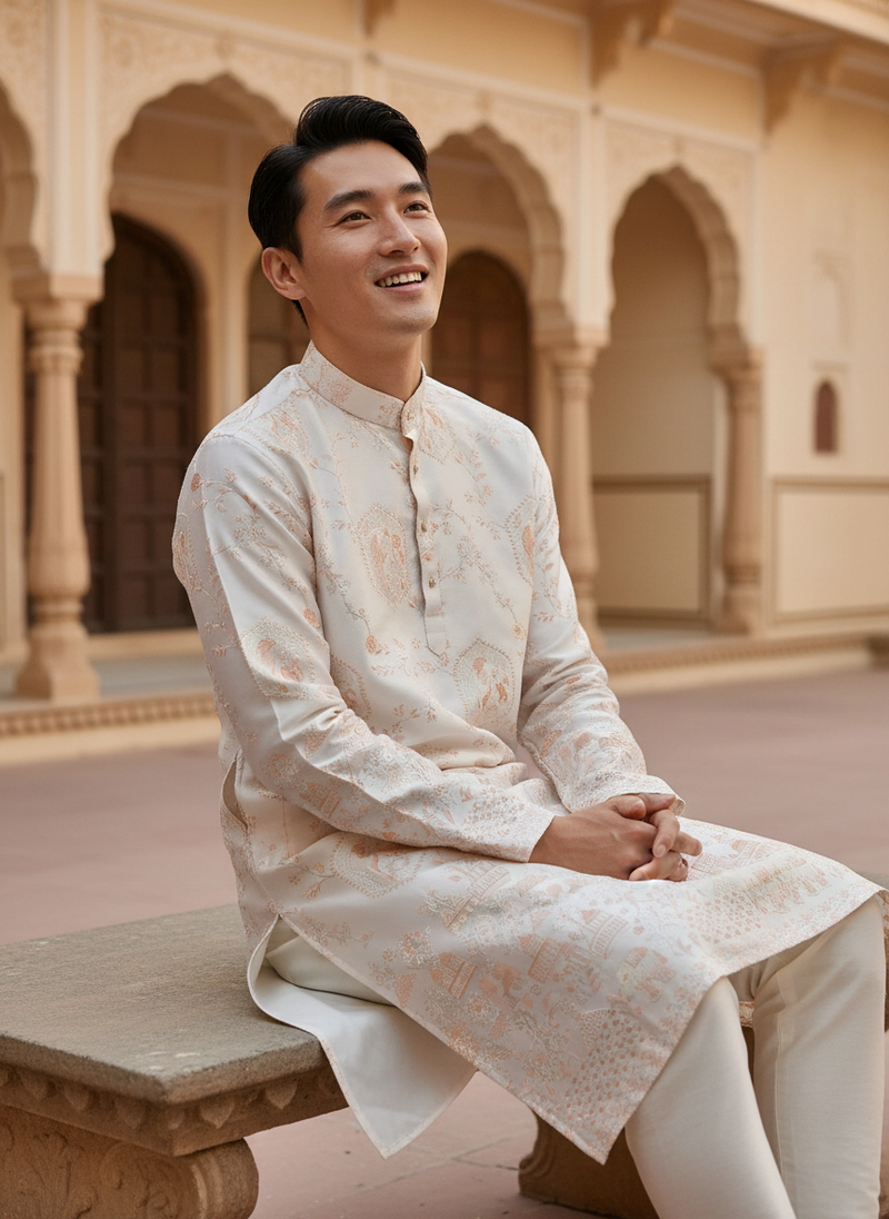 Men's Ivory Embroidered Art Silk Blend Festive Kurta 8