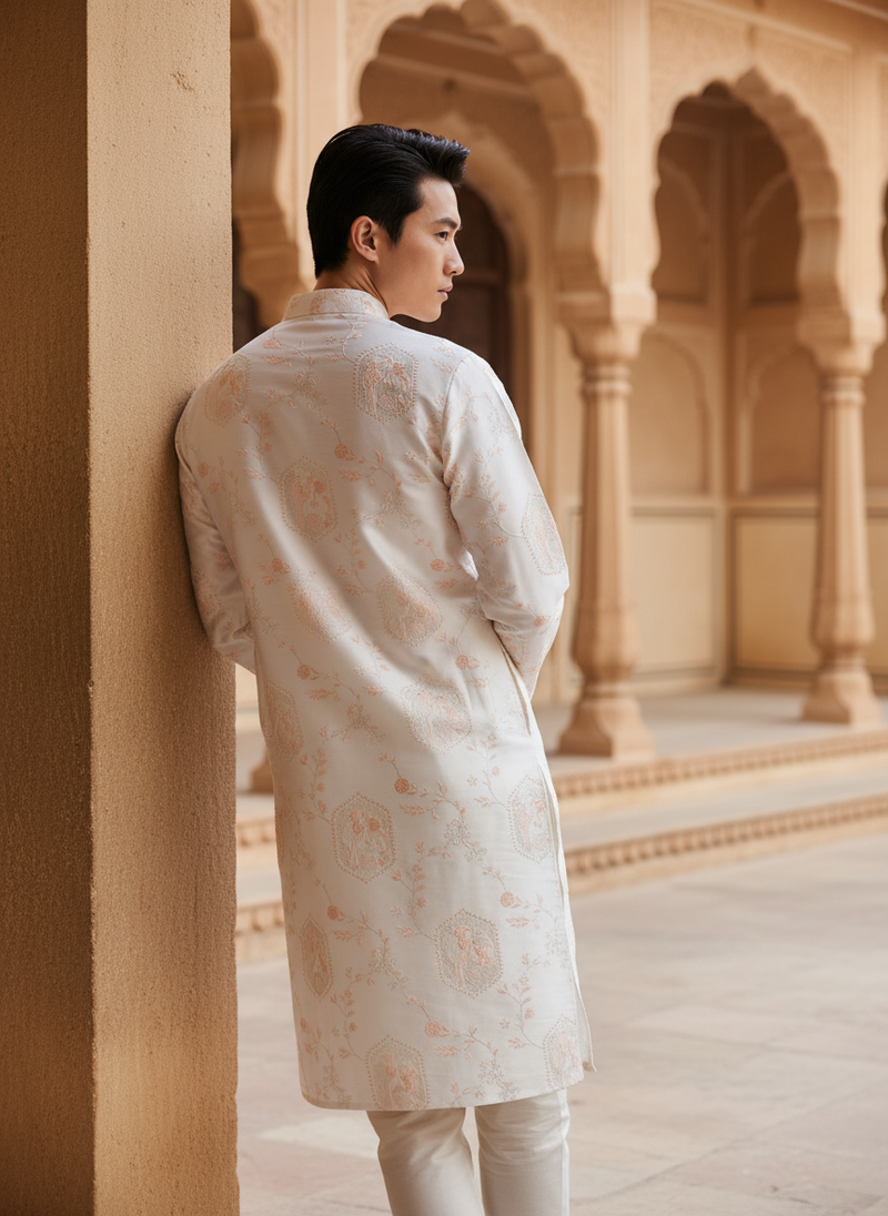 Men's Ivory Embroidered Art Silk Blend Festive Kurta 9