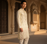 Men's Ivory Art Silk Blend Festive Embroidered Kurta 6