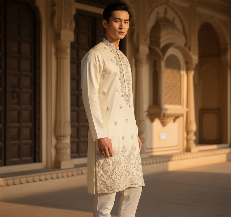 Men's Ivory Art Silk Blend Festive Embroidered Kurta 6