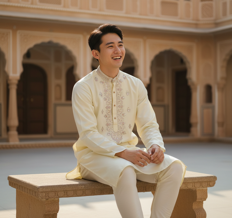 Men's Ivory Art Silk Blend Festive Embroidered Kurta 7
