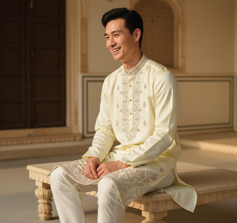 Men's Ivory Art Silk Blend Festive Embroidered Kurta 8
