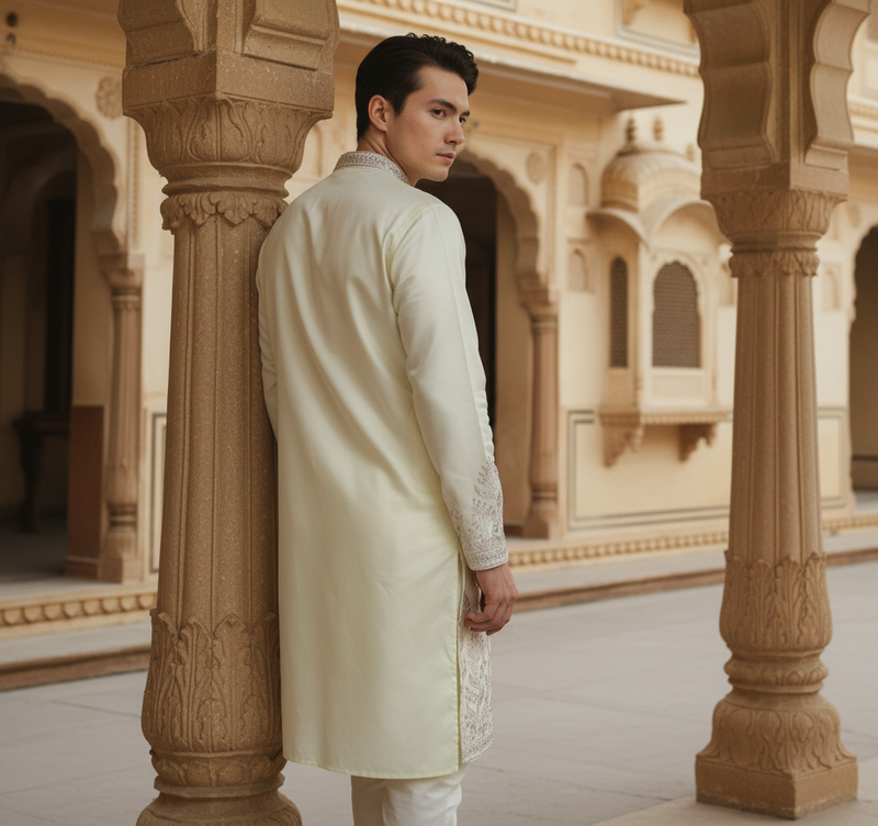 Men's Ivory Art Silk Blend Festive Embroidered Kurta 9
