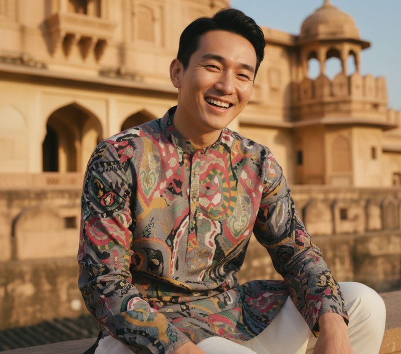 Men's Vibrant Multicolor Paisley Print Art Silk Blend Kurta 3