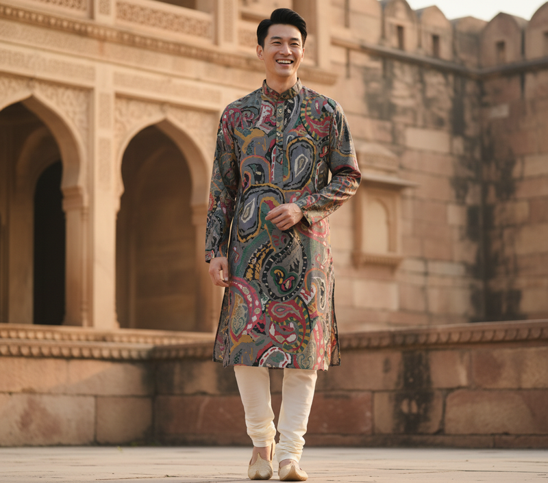 Men's Vibrant Multicolor Paisley Print Art Silk Blend Kurta 2