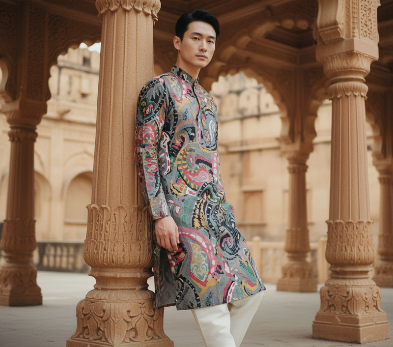 Men's Vibrant Multicolor Paisley Print Art Silk Blend Kurta 4