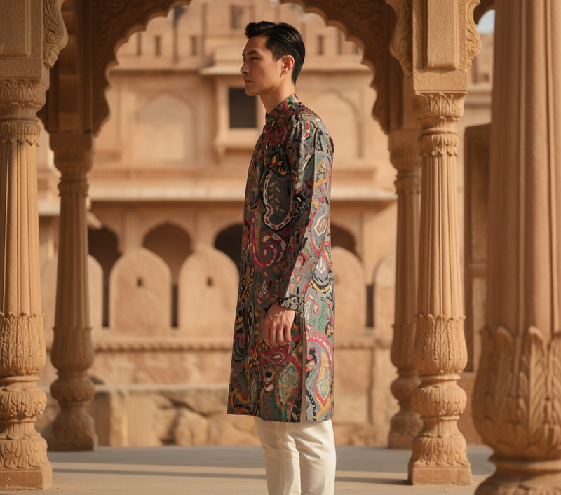 Men's Vibrant Multicolor Paisley Print Art Silk Blend Kurta 6