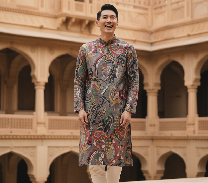 Men's Vibrant Multicolor Paisley Print Art Silk Blend Kurta 1