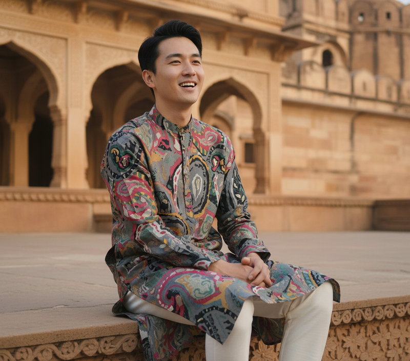 Men's Vibrant Multicolor Paisley Print Art Silk Blend Kurta 8