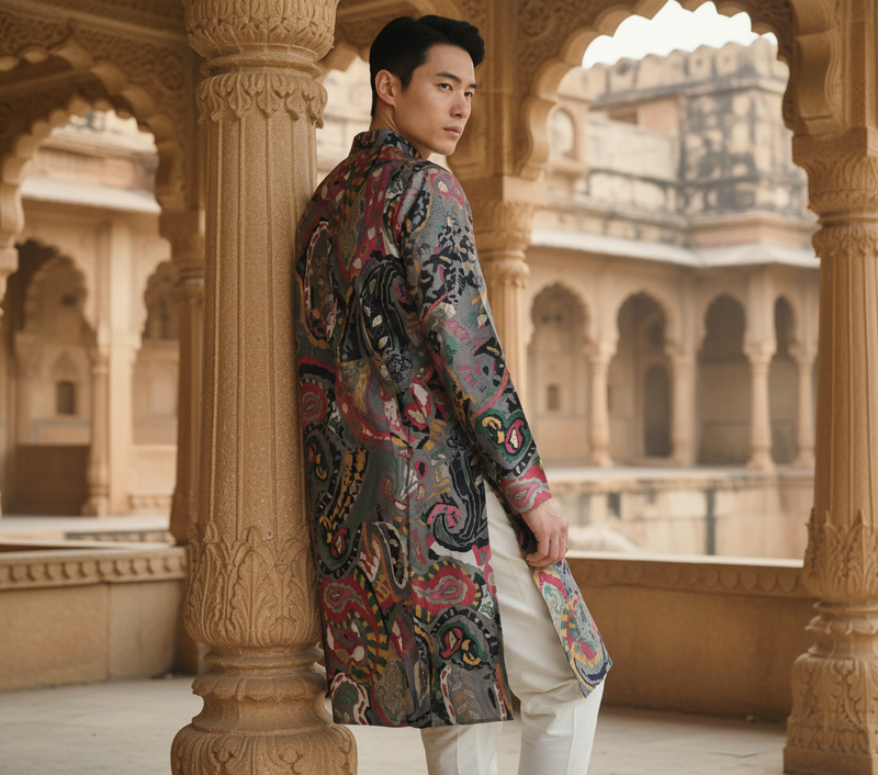 Men's Vibrant Multicolor Paisley Print Art Silk Blend Kurta 9
