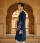 Men's Navy Blue Floral Embroidered Art Silk Blend Kurta Pyjama Set 5