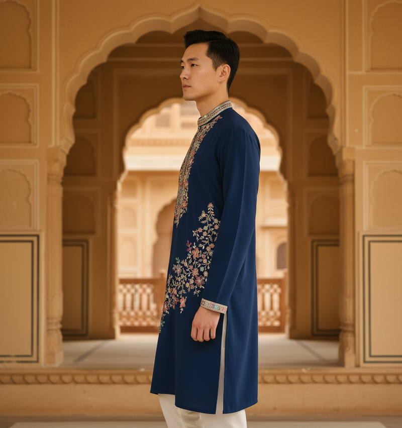 Men's Navy Blue Floral Embroidered Art Silk Blend Kurta Pyjama Set 5