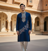 Men's Navy Blue Floral Embroidered Art Silk Blend Kurta Pyjama Set 6