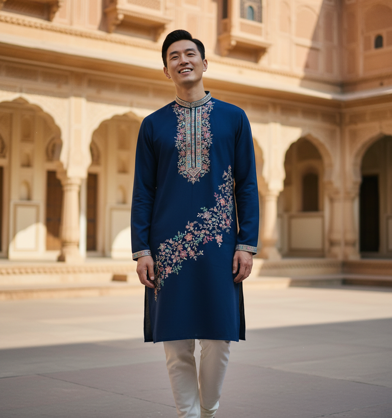 Men's Navy Blue Floral Embroidered Art Silk Blend Kurta Pyjama Set 6