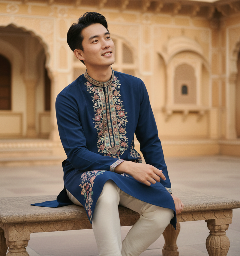 Men's Navy Blue Floral Embroidered Art Silk Blend Kurta Pyjama Set 7