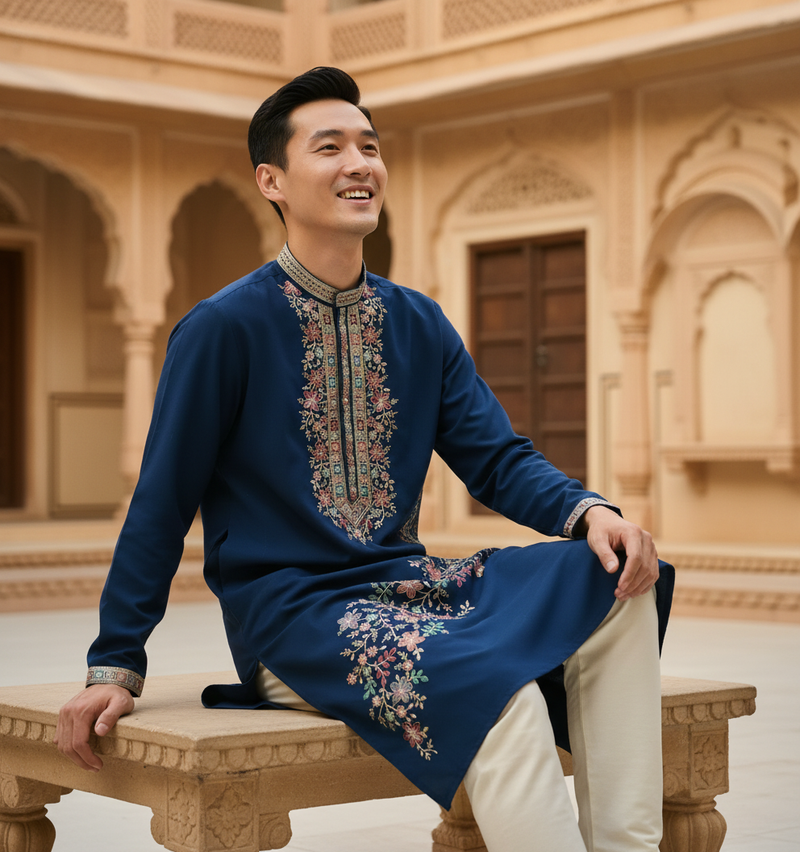 Men's Navy Blue Floral Embroidered Art Silk Blend Kurta Pyjama Set 8