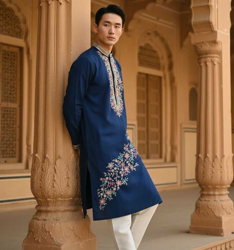 Men's Navy Blue Floral Embroidered Art Silk Blend Kurta Pyjama Set 9