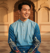 Men's Ombre Blue Peacock & Forest Embroidered Art Silk Kurta 2