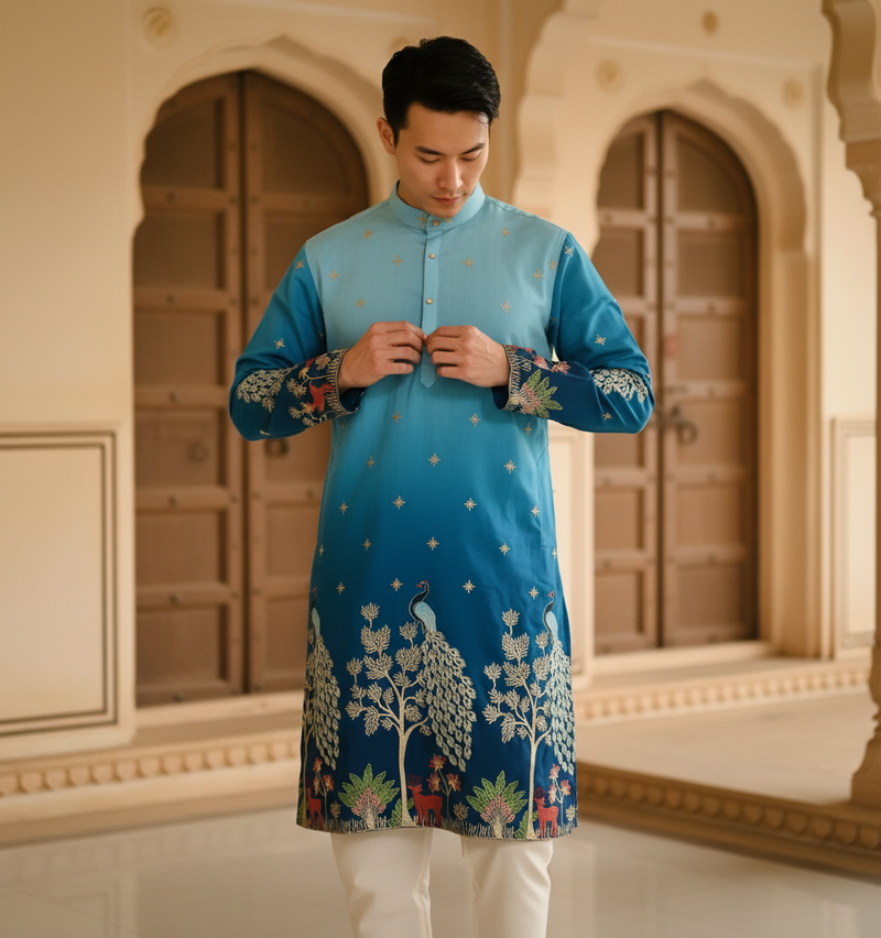 Men's Ombre Blue Peacock & Forest Embroidered Art Silk Kurta 4