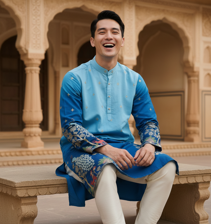Men's Ombre Blue Peacock & Forest Embroidered Art Silk Kurta 8