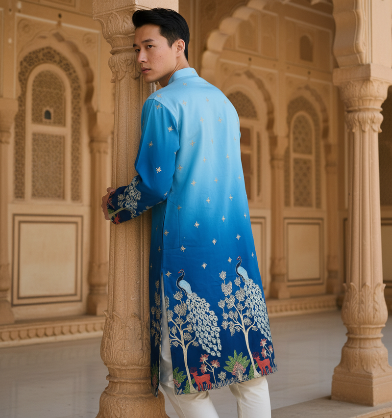Men's Ombre Blue Peacock & Forest Embroidered Art Silk Kurta 9