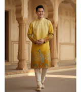 Men's Festive Yellow Ombre Art Silk Kurta with Peacock & Forest Embroidery 1