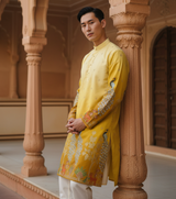 Men's Festive Yellow Ombre Art Silk Kurta with Peacock & Forest Embroidery 3