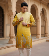 Men's Festive Yellow Ombre Art Silk Kurta with Peacock & Forest Embroidery 4