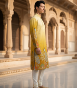 Men's Festive Yellow Ombre Art Silk Kurta with Peacock & Forest Embroidery 5