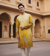Men's Festive Yellow Ombre Art Silk Kurta with Peacock & Forest Embroidery 6
