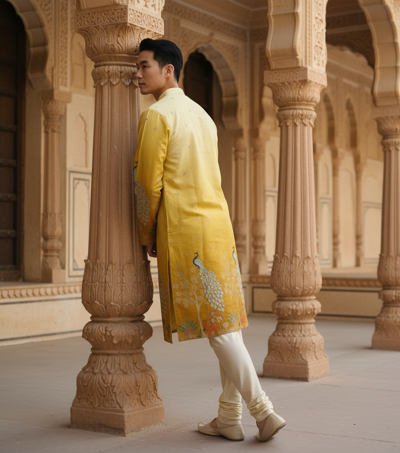 Men's Festive Yellow Ombre Art Silk Kurta with Peacock & Forest Embroidery 9