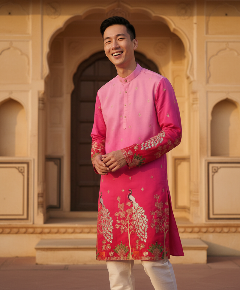 Men's Ombre Pink Peacock Embroidered Art Silk Kurta 2