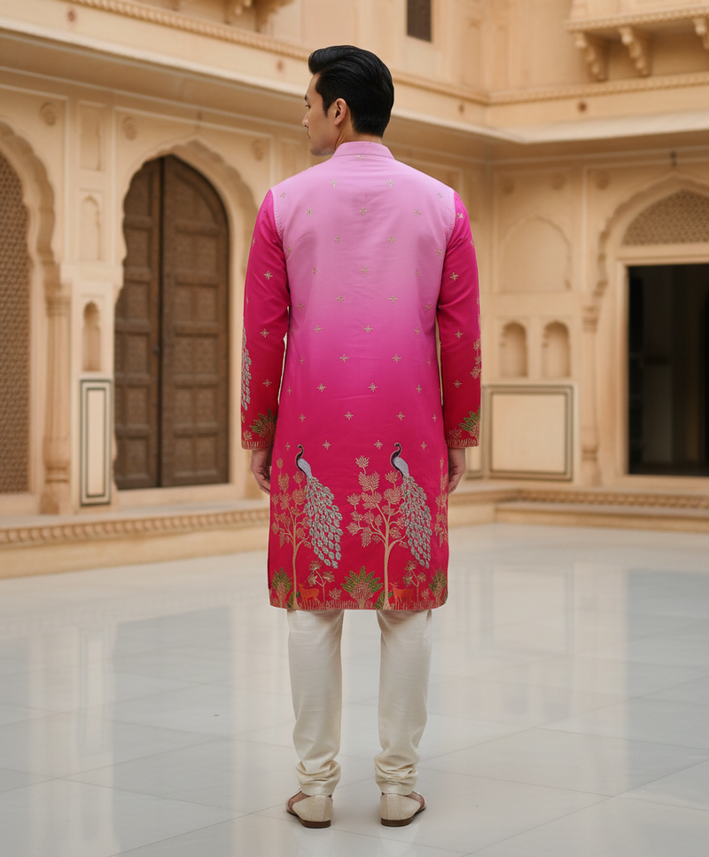 Men's Ombre Pink Peacock Embroidered Art Silk Kurta 10
