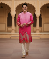 Men's Ombre Pink Peacock Embroidered Art Silk Kurta 1