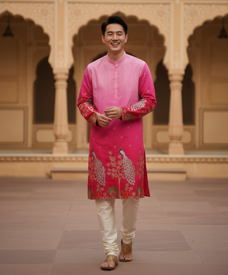 Men's Ombre Pink Peacock Embroidered Art Silk Kurta 1