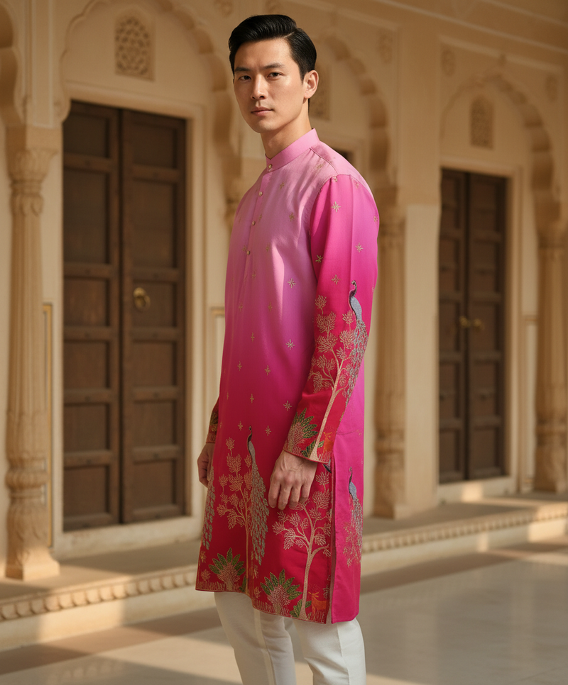 Men's Ombre Pink Peacock Embroidered Art Silk Kurta 5