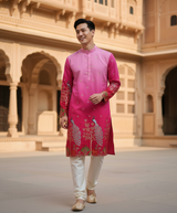Men's Ombre Pink Peacock Embroidered Art Silk Kurta 6