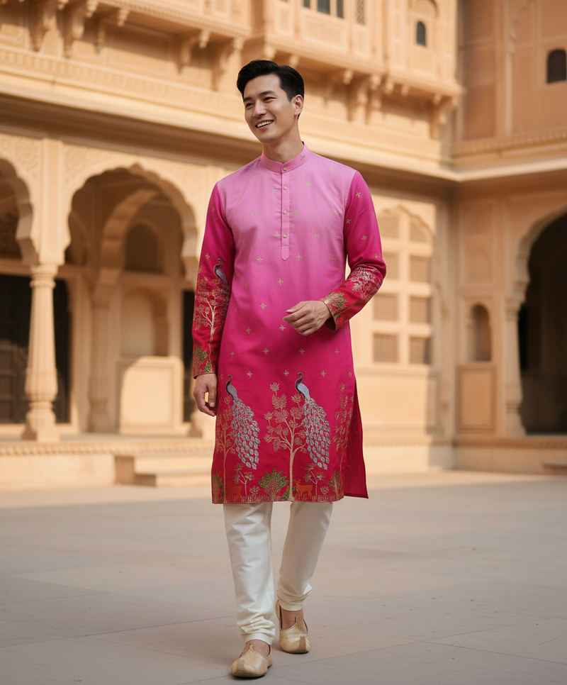 Men's Ombre Pink Peacock Embroidered Art Silk Kurta 6