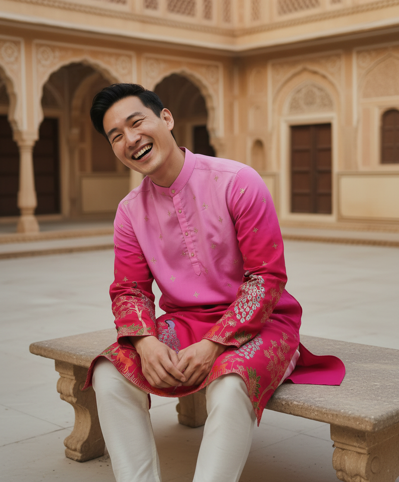 Men's Ombre Pink Peacock Embroidered Art Silk Kurta 7